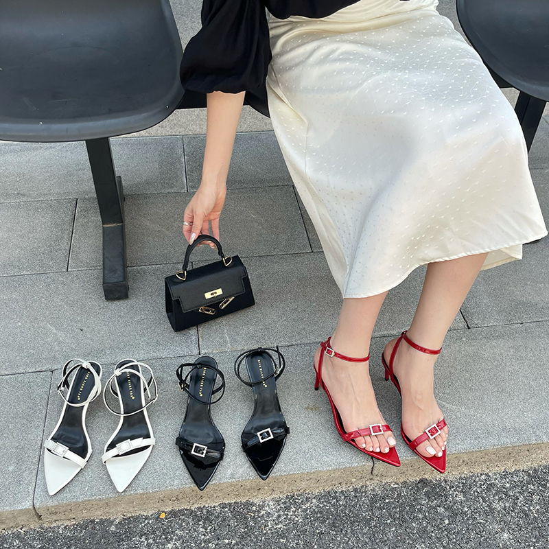2023 Summer European and American Style Pointed Toe Thin Heel Buckle Sandals Simple Fashion Solid Color Versatile High Heel Women's Shoes
