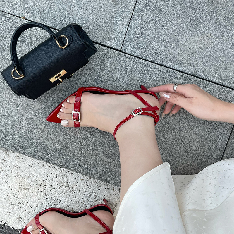 2023 Summer European and American Style Pointed Toe Thin Heel Buckle Sandals Simple Fashion Solid Color Versatile High Heel Women's Shoes - Image 3