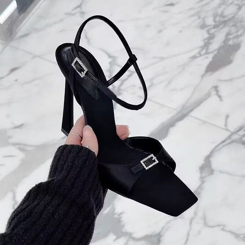 2023 Summer New Fashion Rhinestone Buckle High Heel Women's Sandals Thin Heel Square Toe Open Toe Simple Strap Sandals