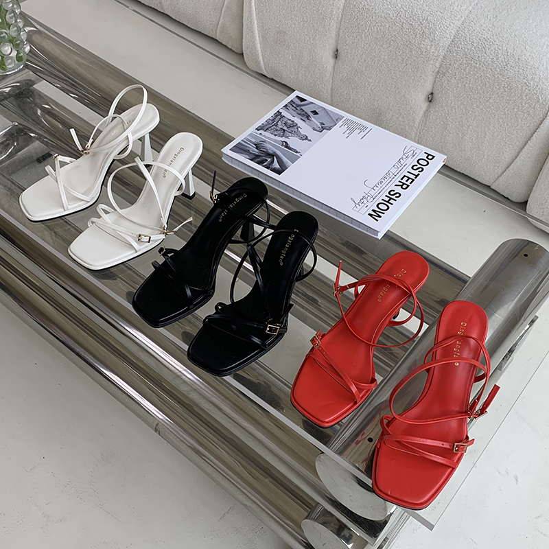 DINGXIANGFAN Women's Summer Fashion Thin Strap High Heel Sandals European and American Style Square Toe Buckle Open Toe Shoes