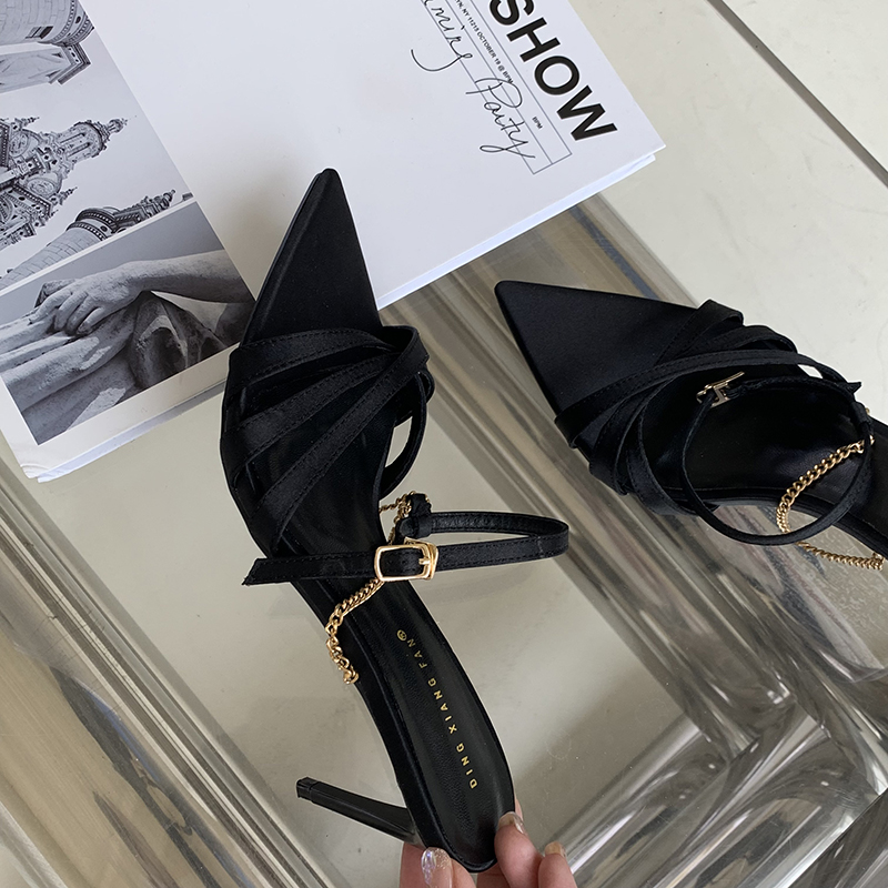 2023 Summer New Fashion Pointed Toe Thin Heel Buckle Sandals Thin Strap Chain Elegant High Heels M17-8 - Image 4