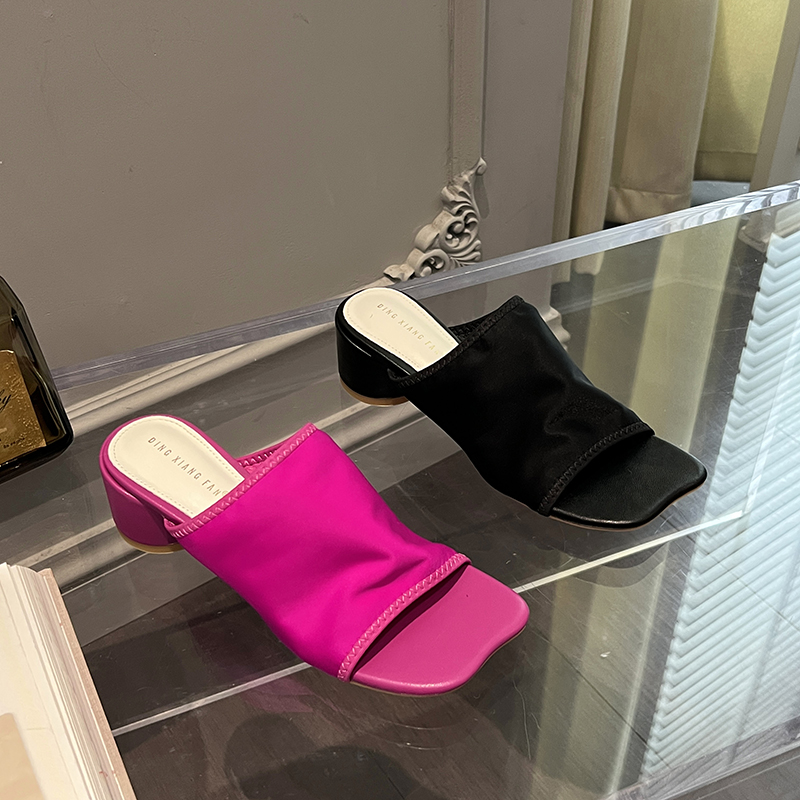 2023 New Summer Fashion Irregular Toe Chunky Heel Slippers Simple Comfortable Elastic Fabric Sandals - Image 5