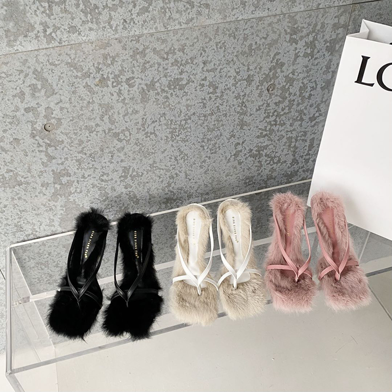 2023 Autumn Fairy Style Women's Fur Slippers High Heel Sandals Strappy Open Toe Fashion Shoes