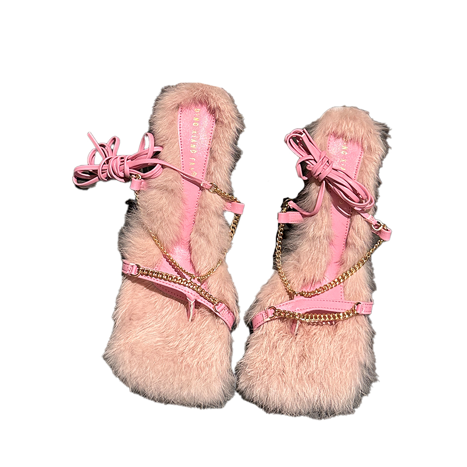 2023 Autumn Winter Hot High Sense Fashion High Heel Fur Shoes Sexy Ankle Strap Open Toe Solid Color Real Fur Sandals - Image 5