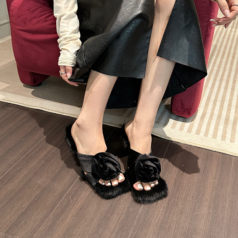 2023 Autumn Winter Furry Slippers High Heel Real Fur Sweet Rose Flower Women Sandals - Image 4