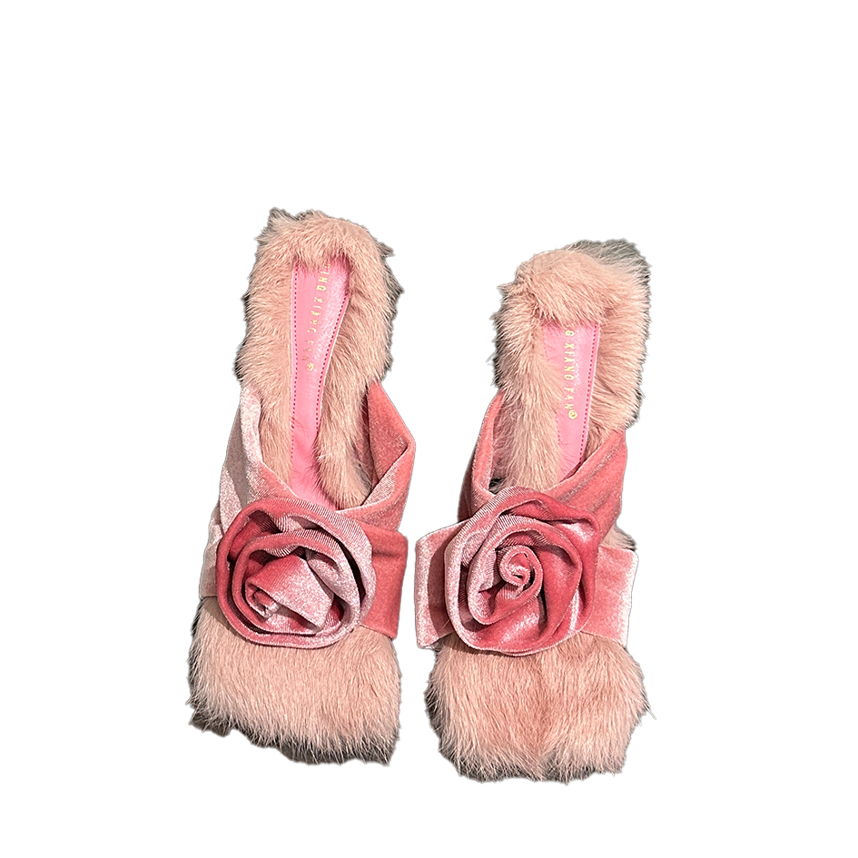 2023 Autumn Winter Furry Slippers High Heel Real Fur Sweet Rose Flower Women Sandals - Image 5
