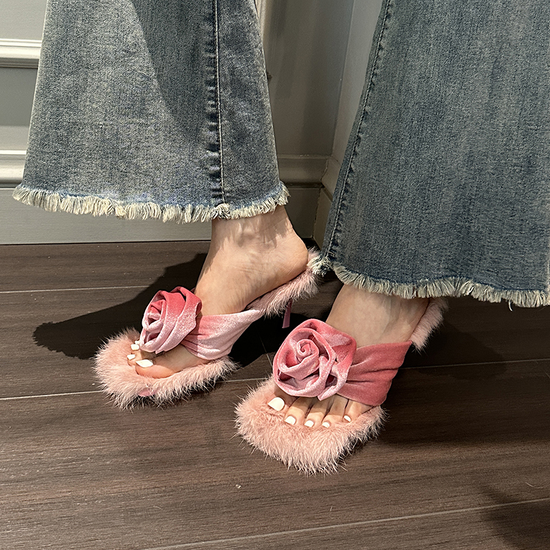 2023 Autumn Winter Fashion Furry Sandals European and American Runway Rose Flower Open Toe Thin Heel High Heels Square Toe - Image 3