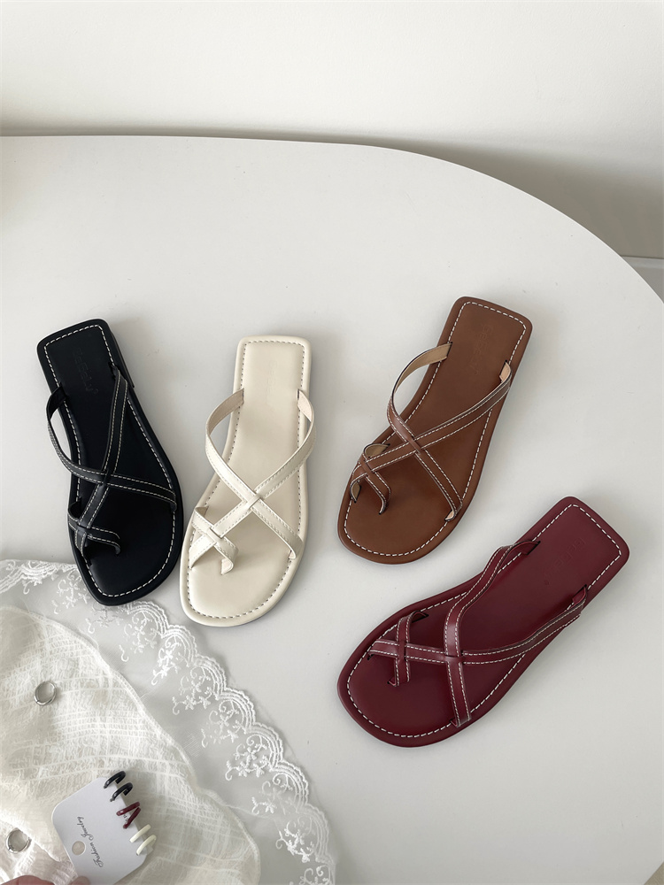 Korean Style Cross Strap Flat Sandals for Women Summer New Roman Style Thin Strap Slippers