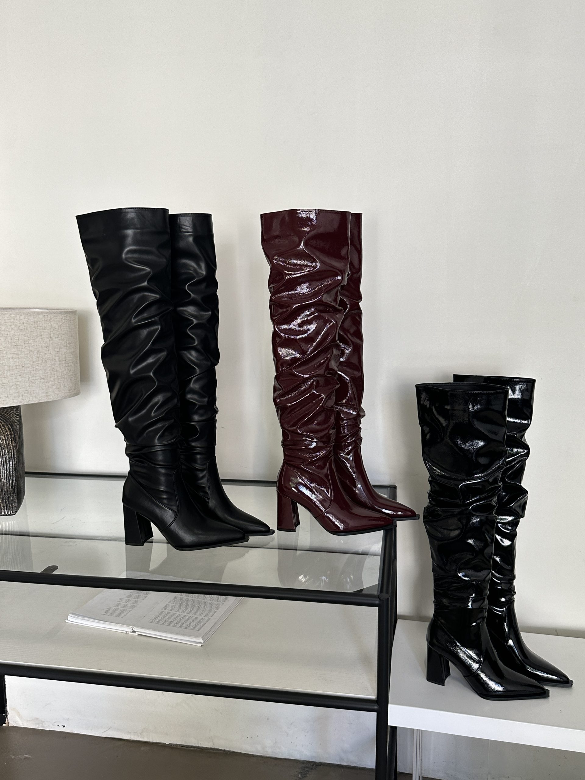2025 New Fall Winter Pointed Toe Patent Leather Folded Boots Wide Calf High Heel Over Knee Boots Women