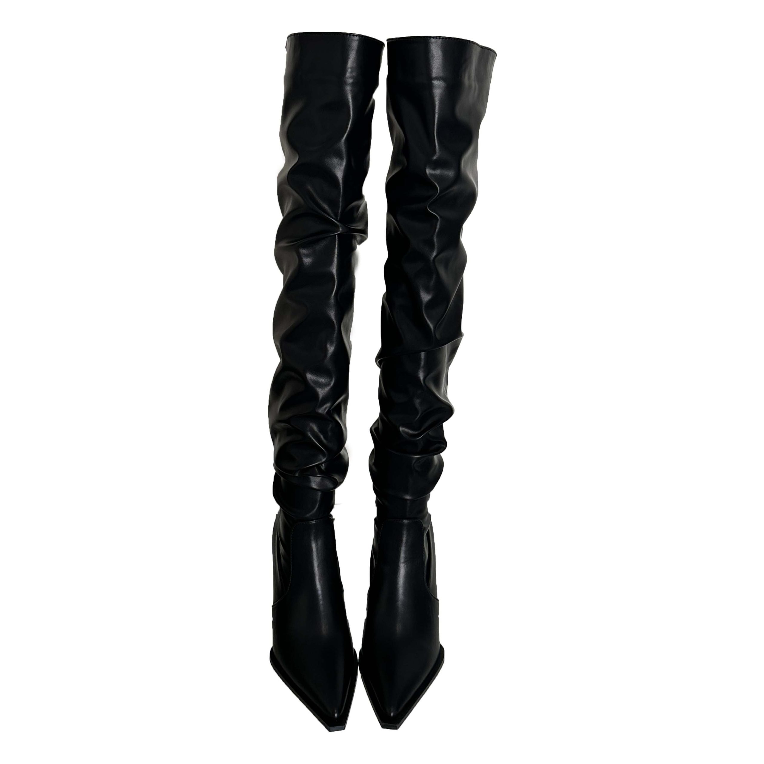 2025 New Fall Winter Pointed Toe Patent Leather Folded Boots Wide Calf High Heel Over Knee Boots Women - Image 5