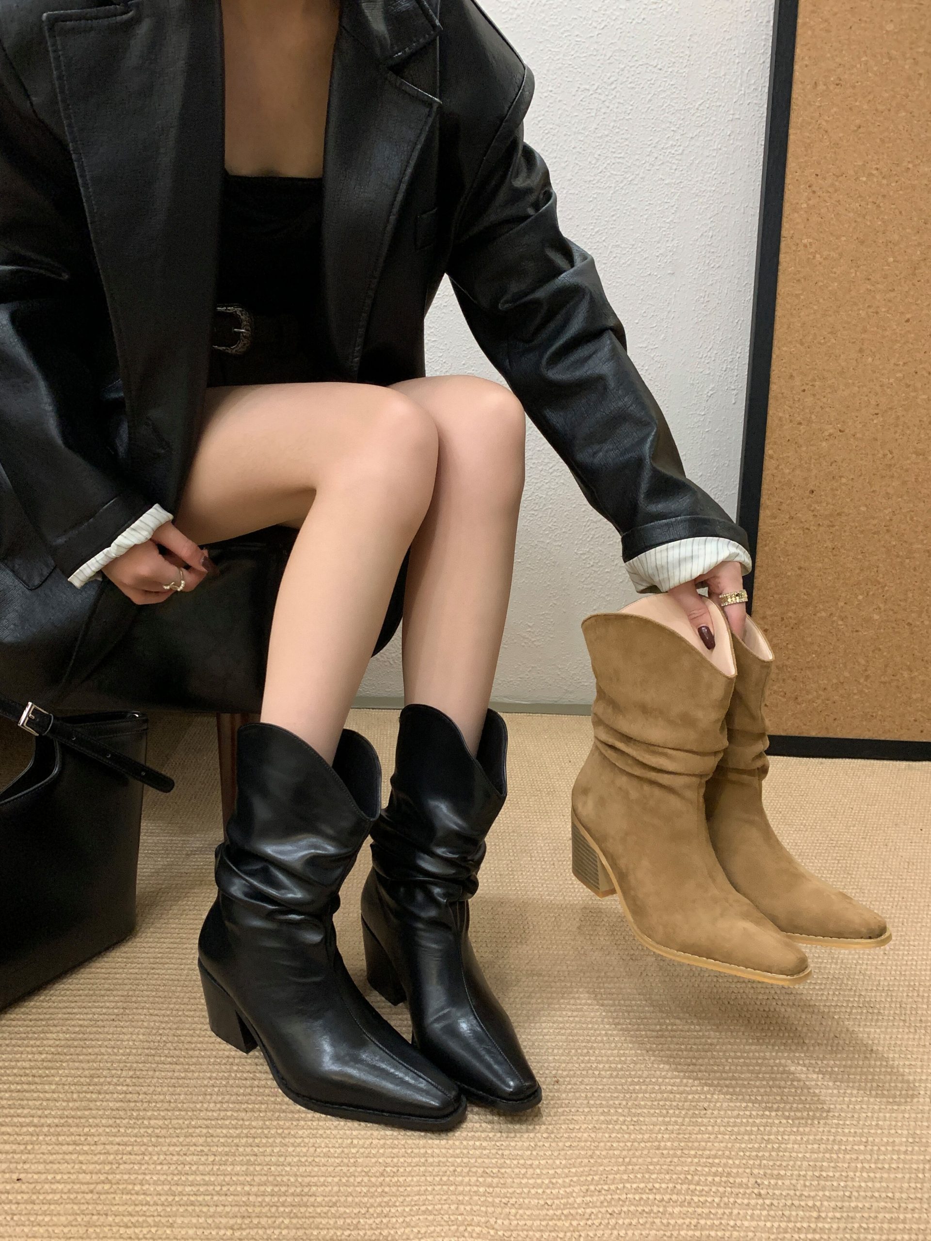 BUBUFLY Khaki Stacked Heel Pointed Toe Retro V-Mouth Western Cowboy Boots for Women Autumn Short Boots Maillard Style