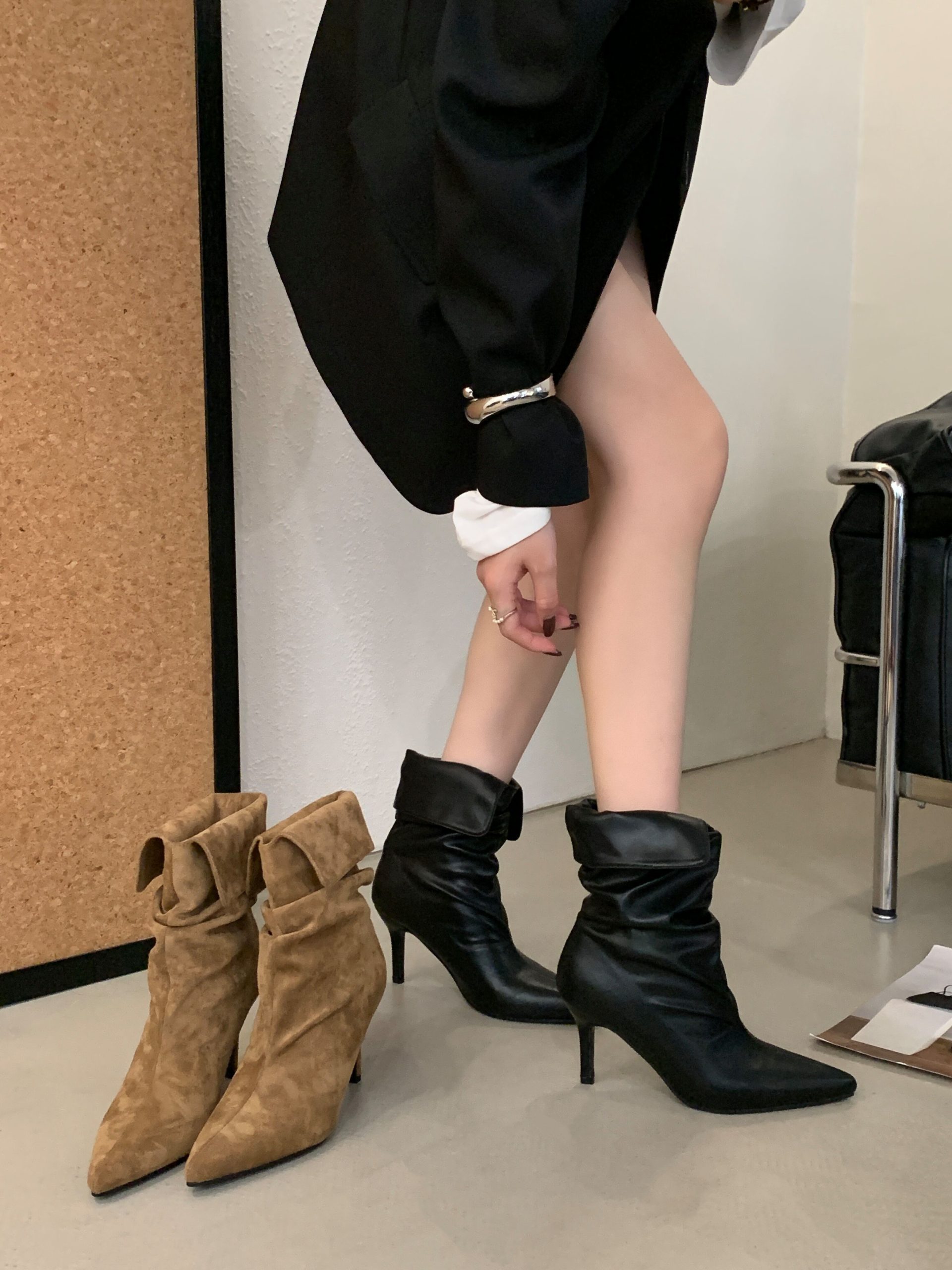 BUBUFLY Slim Fit Stretch Boots with High Heel and Folded Shaft for Women