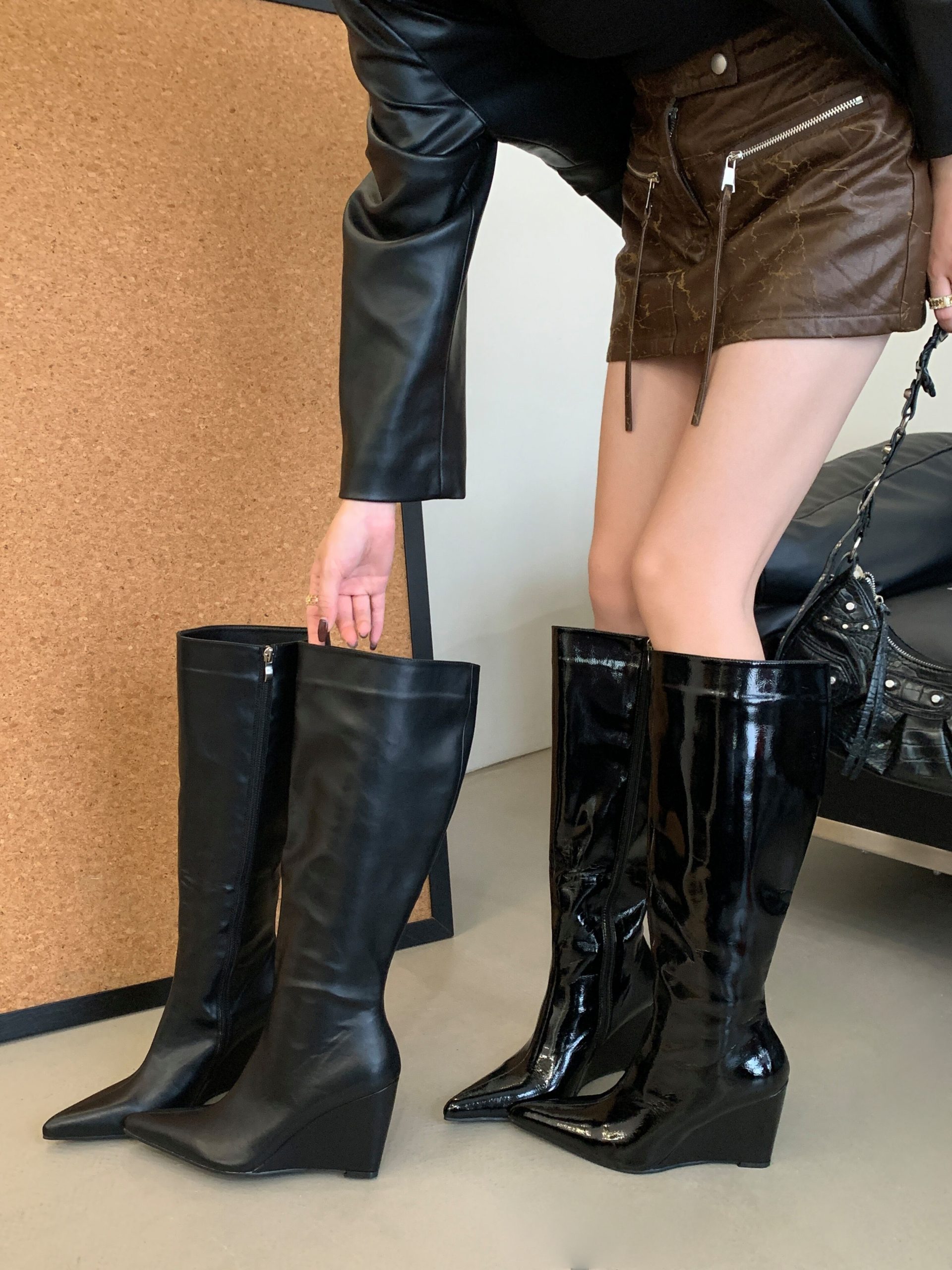 BUBUFLY Women's Pointed Toe Long Boots 2025 New Style Wide Calf Slim Fit Straight Leg Boots Wedge Heel Riding Boots