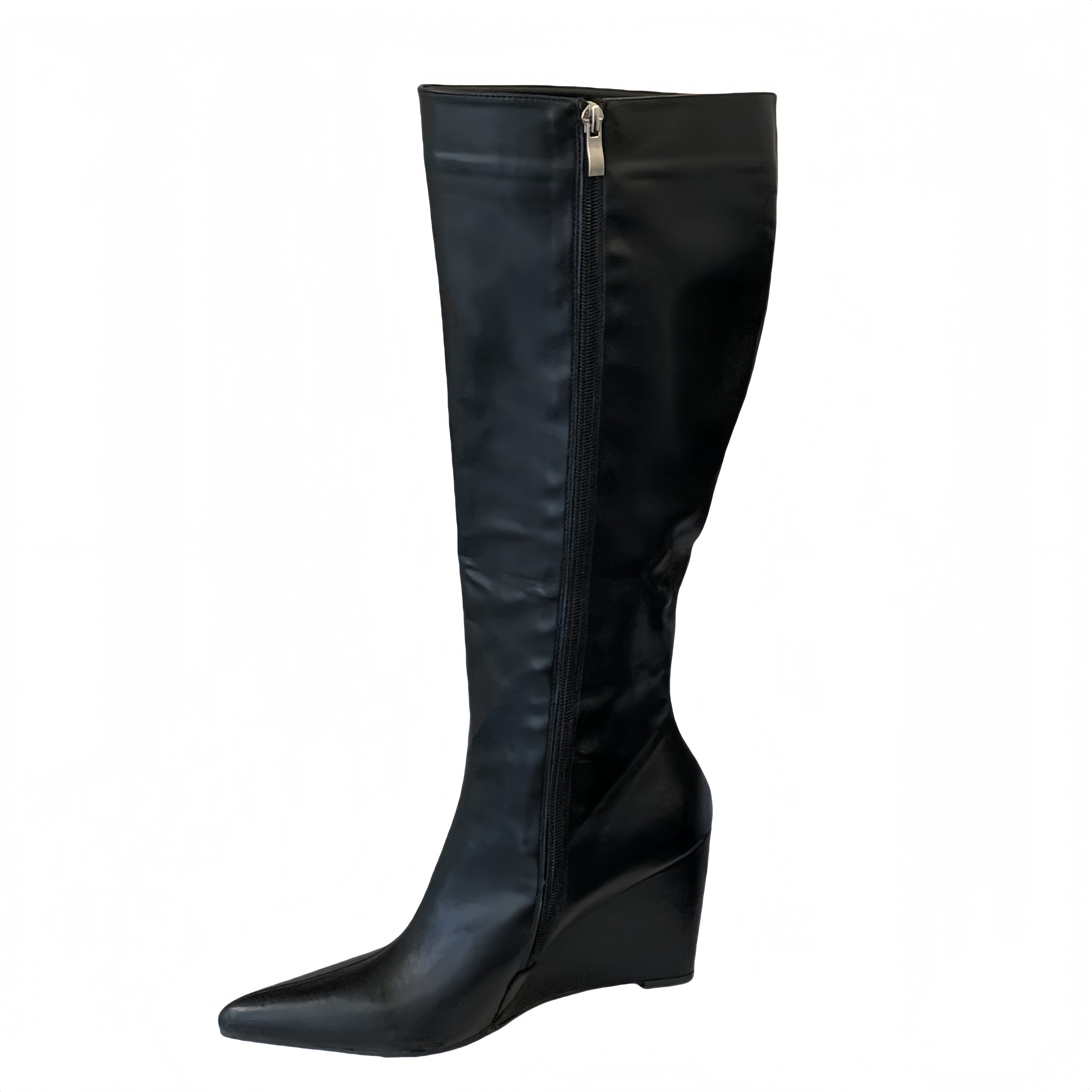BUBUFLY Women's Pointed Toe Long Boots 2025 New Style Wide Calf Slim Fit Straight Leg Boots Wedge Heel Riding Boots - Image 5