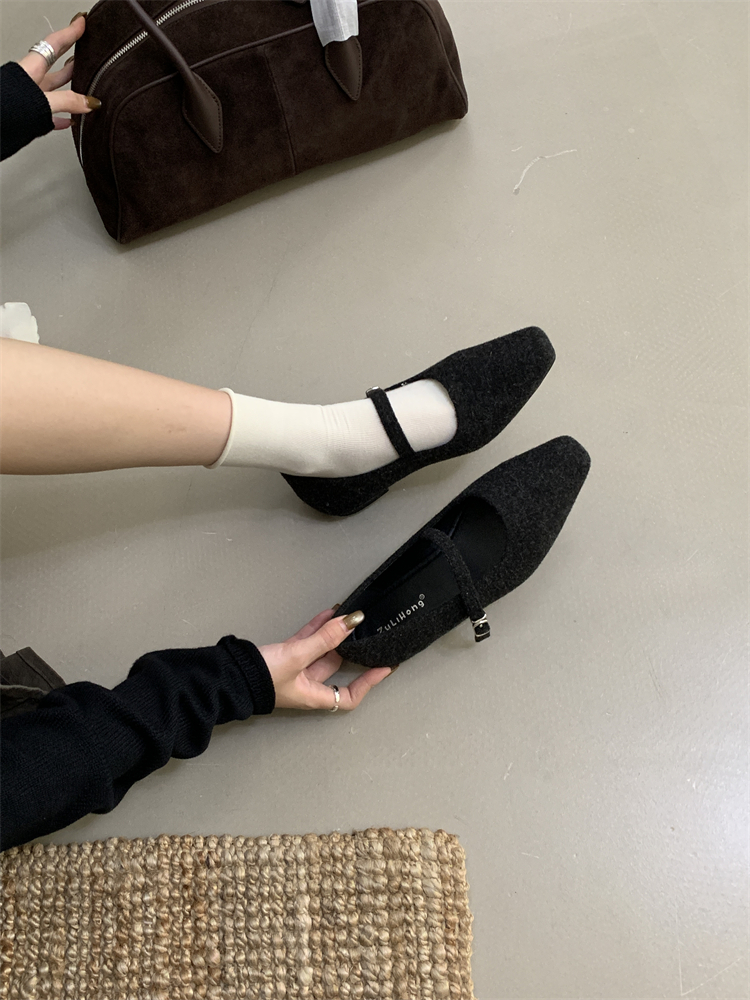 Vintage Wool Flat Ballet Shoes for Women 2025 Autumn Winter New Soft Sole One-Strap Square Toe Mary Jane Shoes