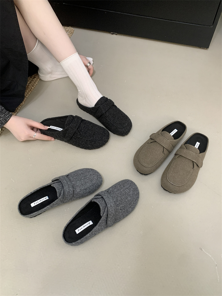 Vintage Woolen Flat Birkenstock Slippers Women 2025 New Round Toe Slip-on Loafers Half Slippers